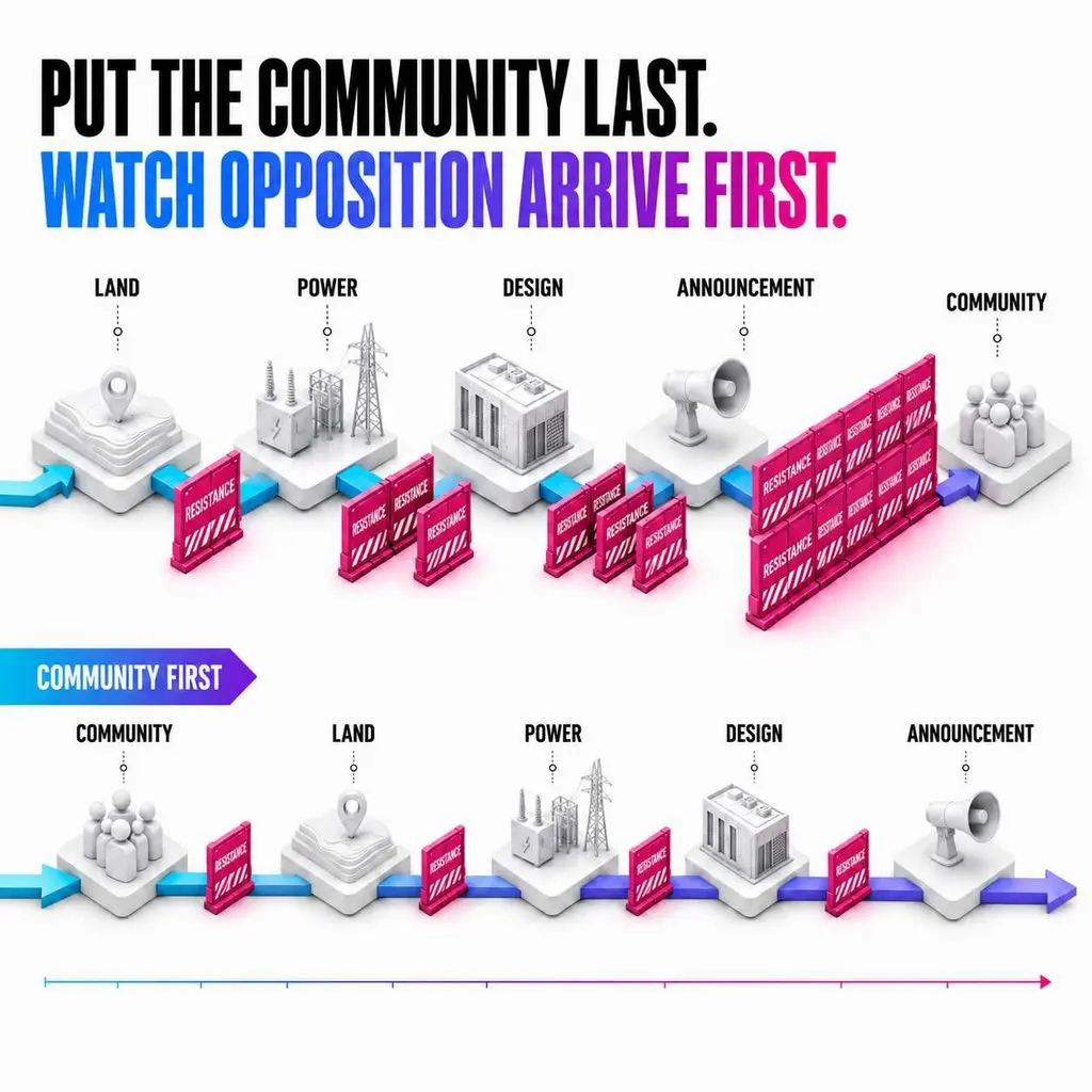 Comparison of two data-center development paths. When land, power, design and announcement come before the community, resistance grows into larger barriers. When the community is involved first, concerns can be addressed earlier as the project moves forward.
