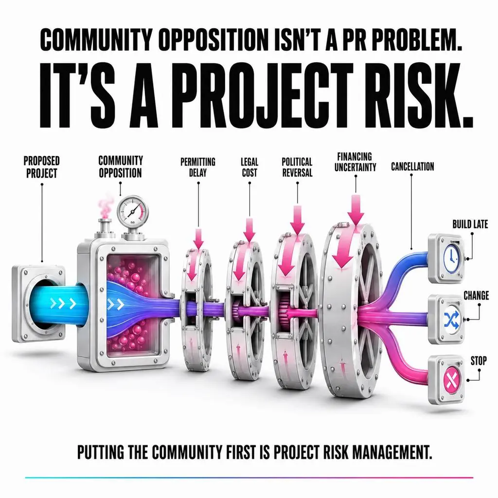 Graphic stating that community opposition to a data center is not merely a public-relations problem. It can become a material risk to the entire project.