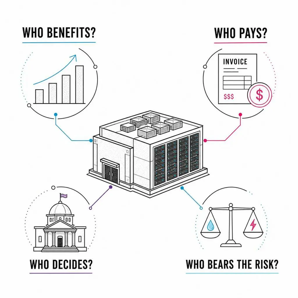Data center framework asking who benefits, who pays, who decides and who bears the risk.
