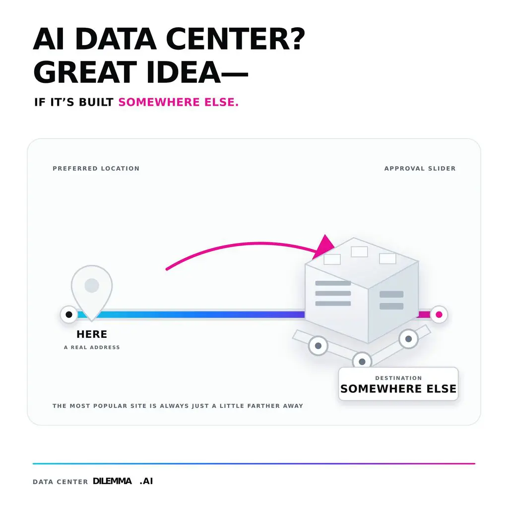 Editorial graphic showing a data center on wheels moving from a real location marked “Here” toward “Somewhere Else,” illustrating how local support often depends on the project being built somewhere else.