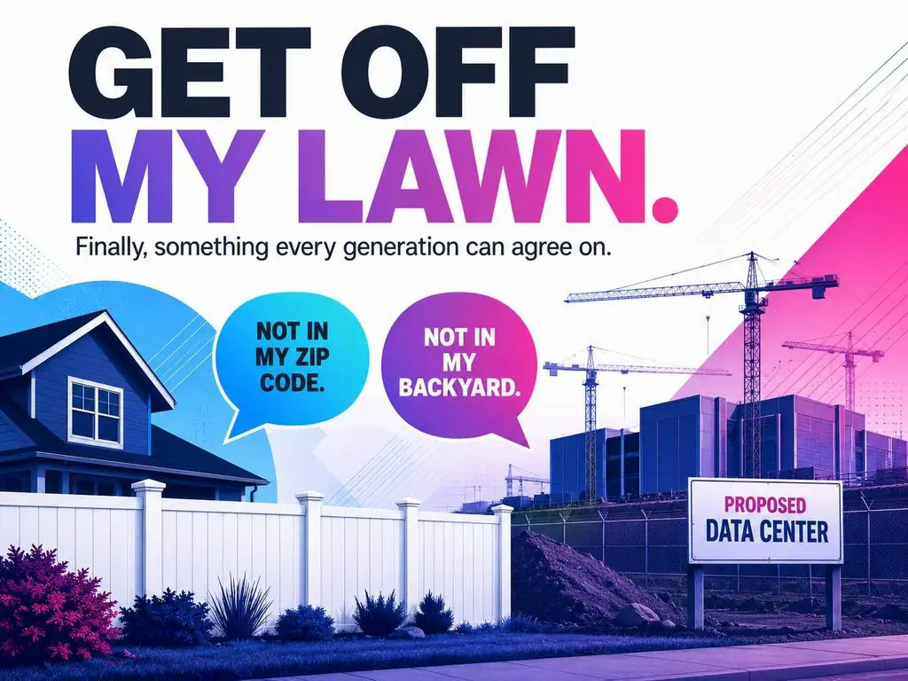 Graphic reading “Get off my lawn. Finally, something every generation can agree on,” using the familiar phrase as a cross-generational version of local opposition to data centers.