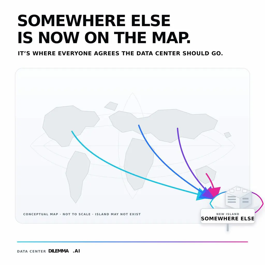 Conceptual world map showing multiple regions directing a data center toward a fictional island named “Somewhere Else,” where everyone agrees it should go.