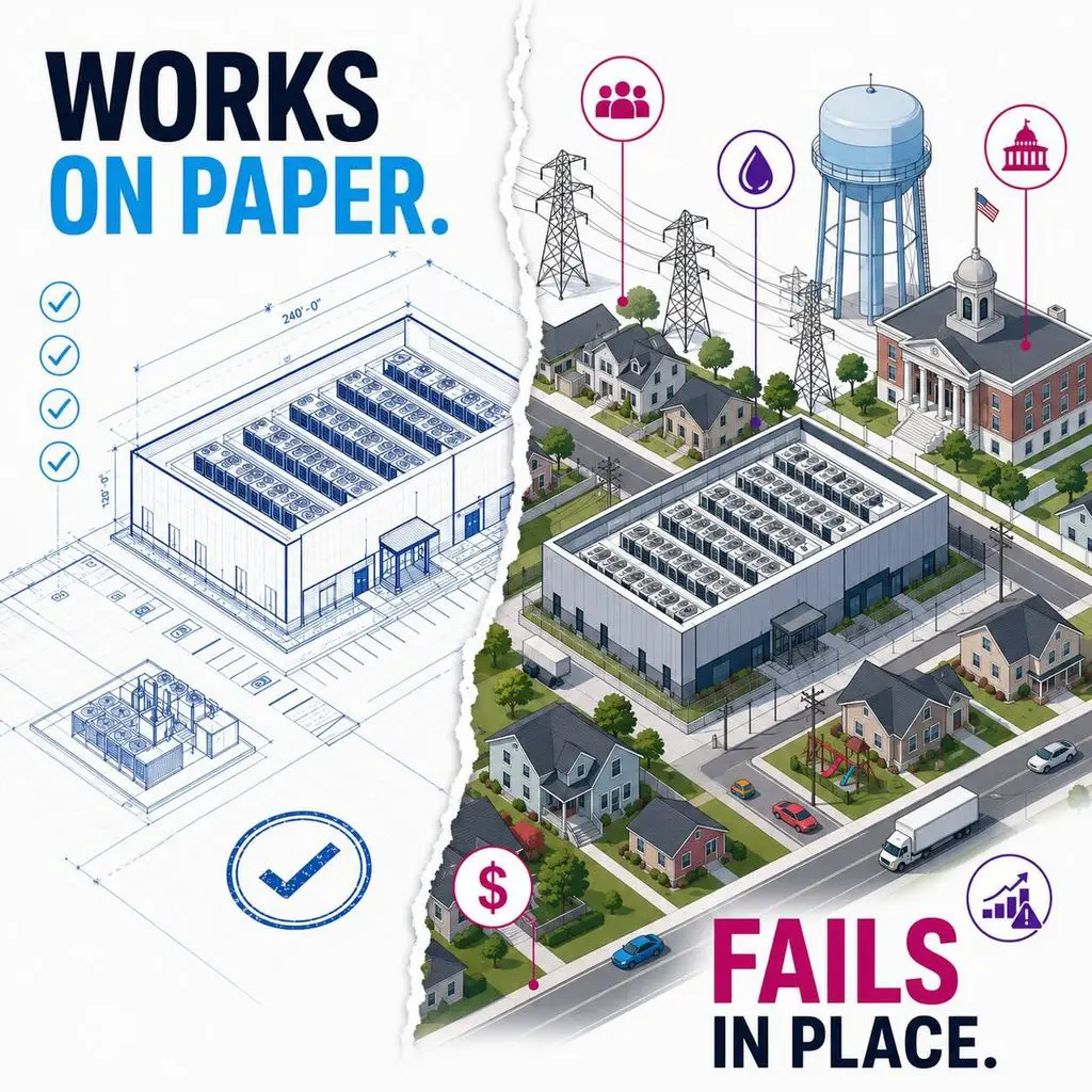 Data center blueprint contrasted with the same facility facing power, water, government, financial and community realities in place.
