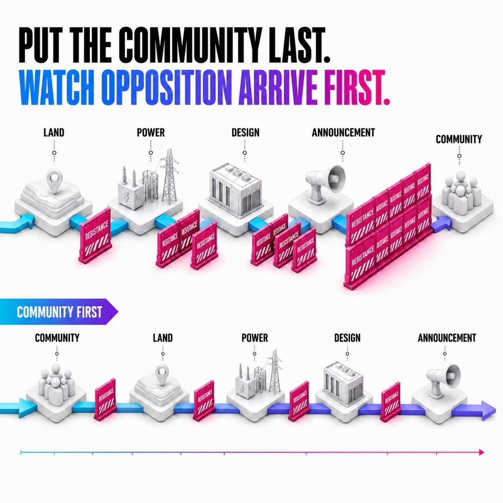 Comparison of two data-center development paths. When land, power, design and announcement come before the community, resistance grows into larger barriers. When the community is involved first, concerns can be addressed earlier as the project moves forward.