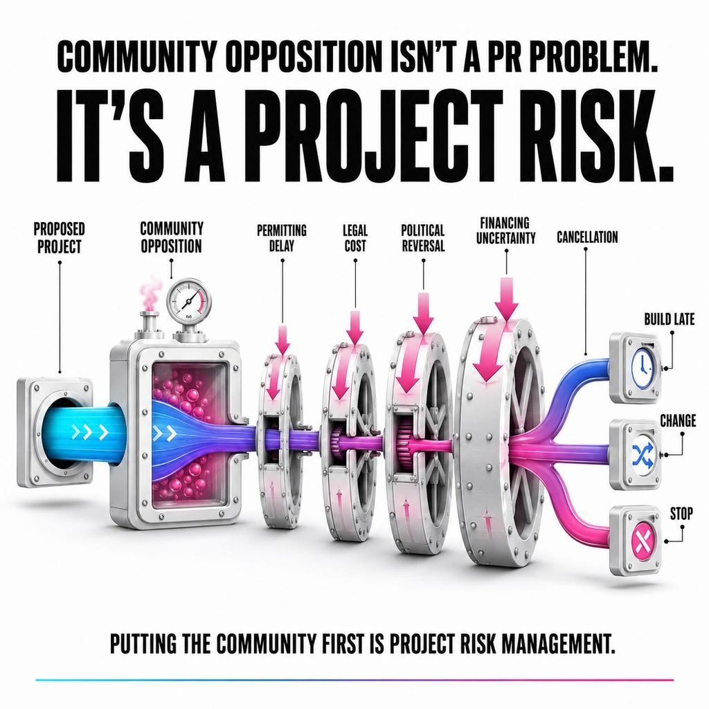 Graphic stating that community opposition to a data center is not merely a public-relations problem. It can become a material risk to the entire project.