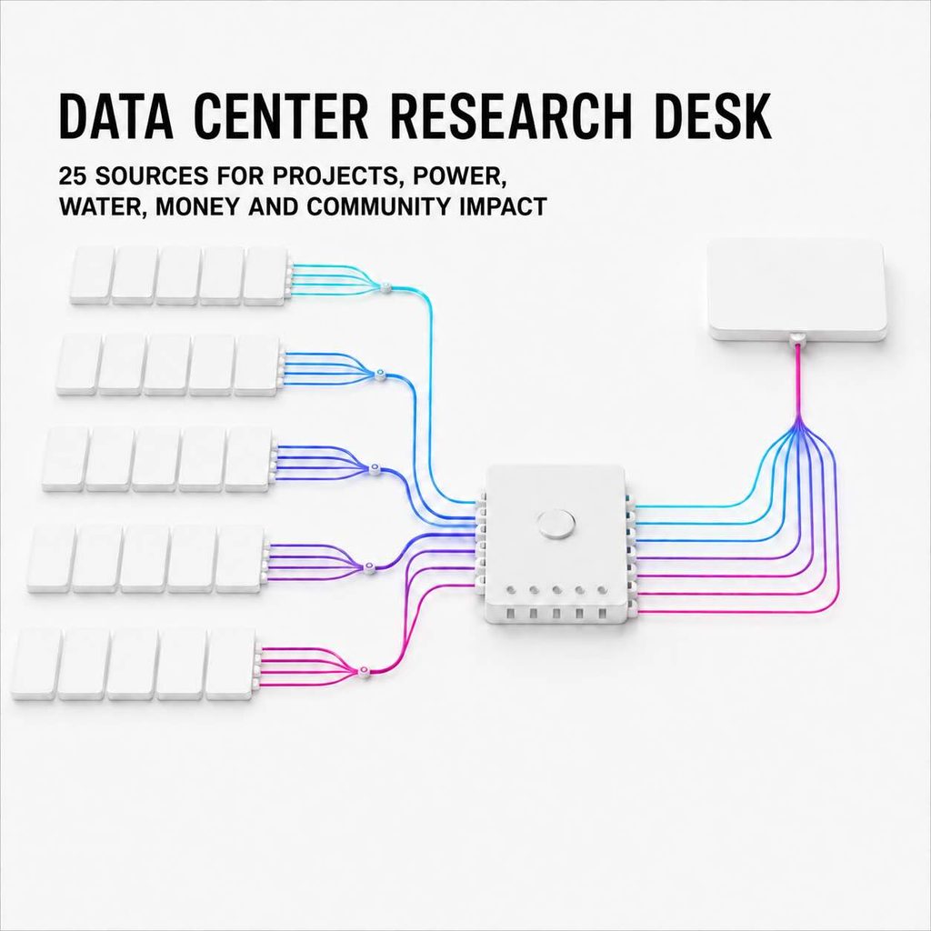 Data Center Research Desk organizing 25 sources covering data-center projects, power, water, financing and community impact.