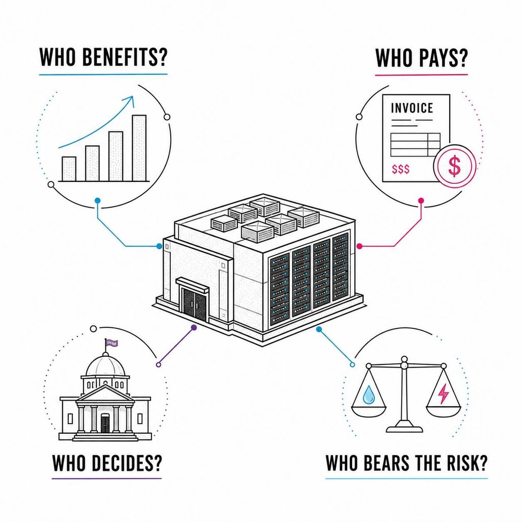 Data center framework asking who benefits, who pays, who decides and who bears the risk.