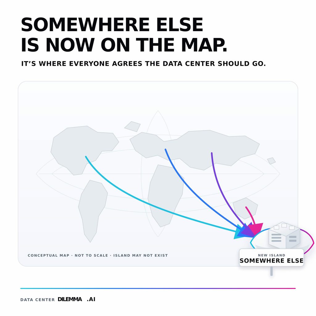 Conceptual world map showing multiple regions directing a data center toward a fictional island named “Somewhere Else,” where everyone agrees it should go.