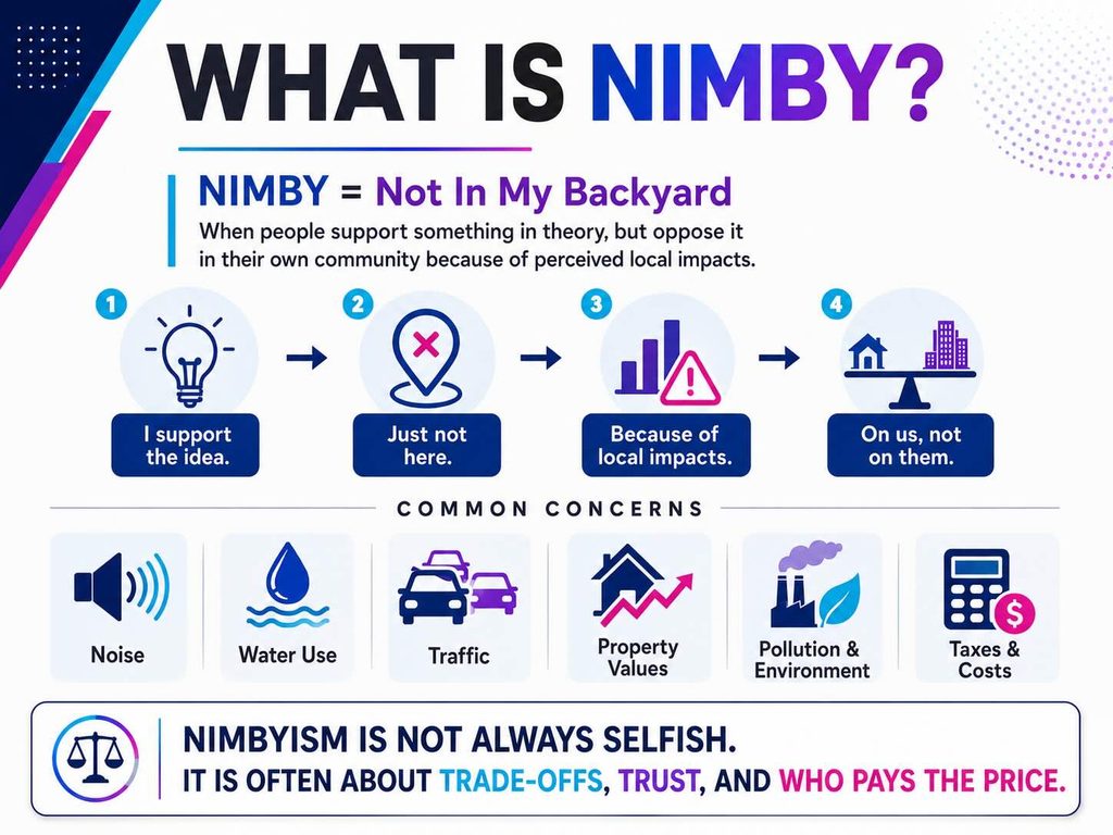 Explainer defining NIMBY as “Not In My Backyard”: supporting an idea in theory but opposing it locally because of its perceived effects. Concerns include noise, water use, traffic, property values, pollution, environmental impact, taxes and costs. The graphic notes that NIMBYism is not always selfish; it can reflect trade-offs, trust and who pays the price.