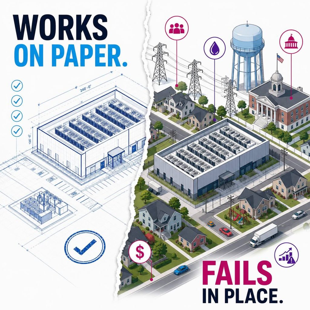 Data center blueprint contrasted with the same facility facing power, water, government, financial and community realities in place.