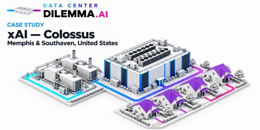xAI Colossus case study in Memphis and Southaven, with a conceptual illustration of gas turbines, a data center and nearby homes.
