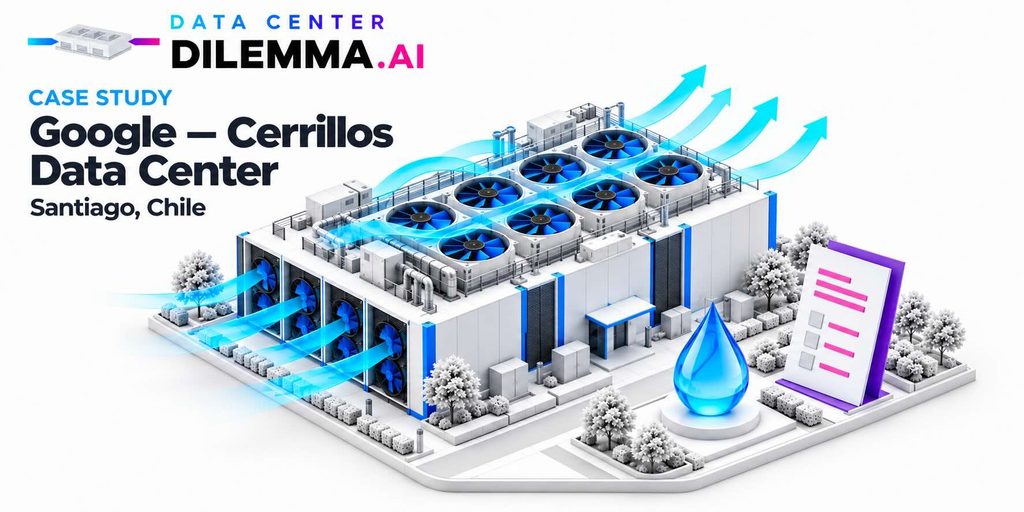 Google Cerrillos data center case study in Santiago, Chile, with a conceptual illustration of air-cooling fans, a water droplet and an environmental review checklist.
