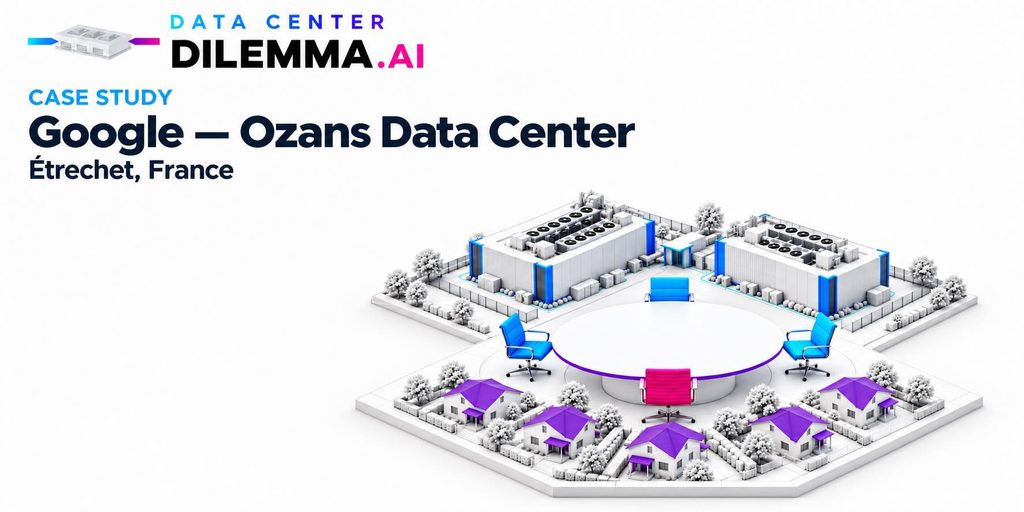 Google Ozans data center case study in Étrechet, France, with a conceptual illustration of village homes and a data center around a decision table, including a pink chair for the host community.