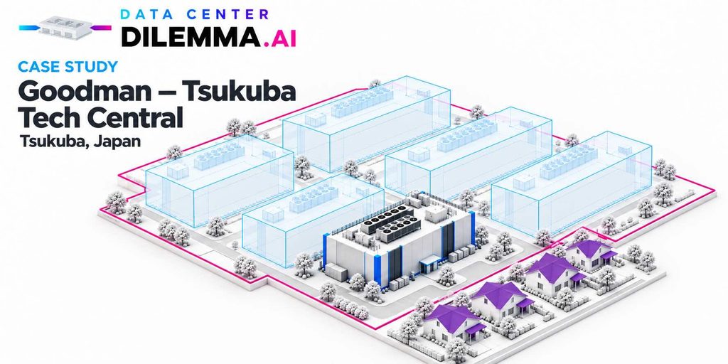 Goodman Tsukuba Tech Central case study in Japan, with a conceptual illustration of a first-phase data center near homes and translucent outlines showing the larger planned campus.