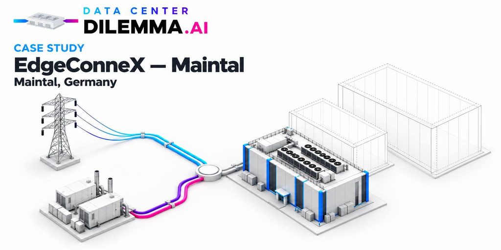 EdgeConneX Maintal data center case study in Germany, with a conceptual illustration of grid and on-site generation routes beside a data center and outlined expansion buildings.