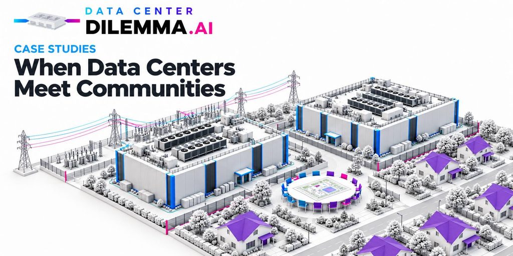 Data Center Dilemma AI case studies banner showing data centers, nearby homes and power infrastructure around a shared planning table.
