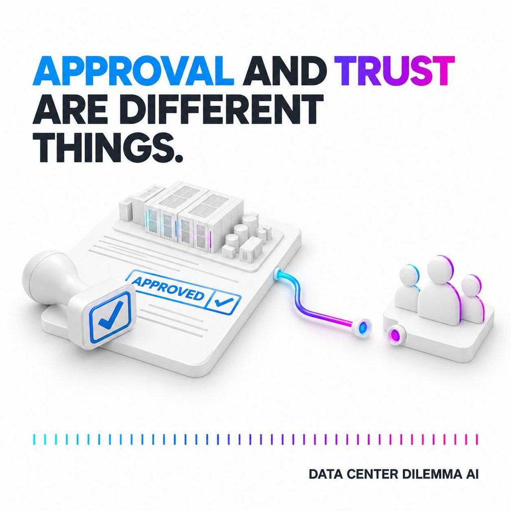 An approved data center project remains disconnected from community figures, showing that official approval does not establish trust.