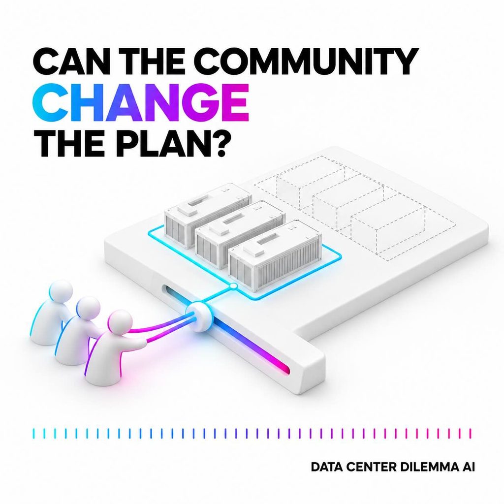 Community figures operate a control that reduces a data center’s planned footprint, illustrating meaningful influence over project decisions.