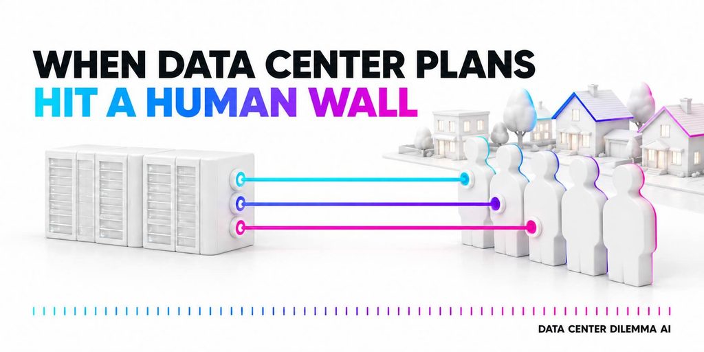 Data center plans meet a human wall, with homes and a neighborhood behind the community figures.